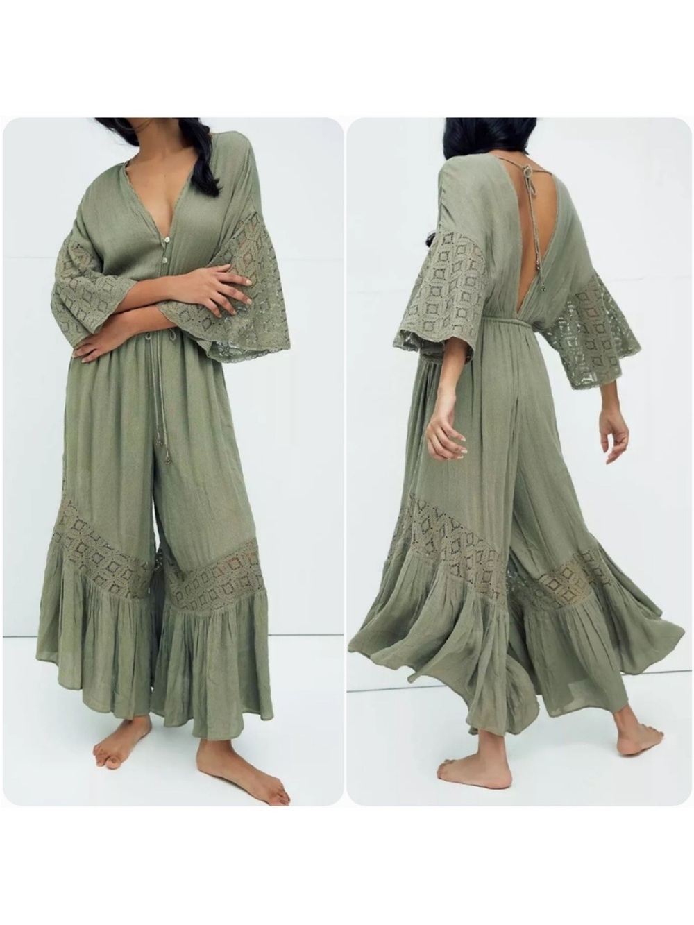 Free people Boho oversized wide leg lace bell sleeve Angela green jumpsuit M